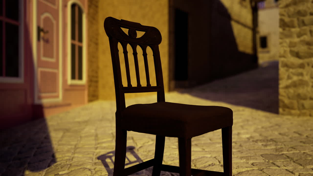 Empty chair on cobblestone street in evening light with historic buildings