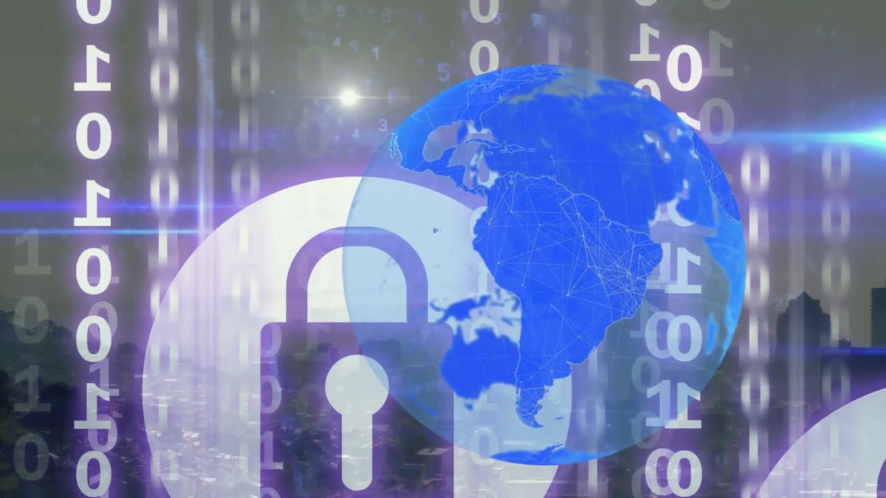 animación del globo sobre el procesamiento de datos y el paisaje urbano