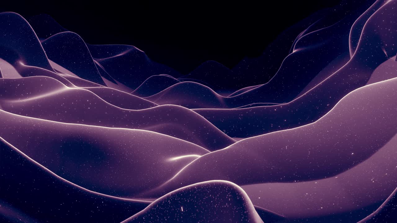 Abstract waves of soft black matte material with light inner glow and glitters on morphing surface. Abstract geometric surface like landscape or terrain, extrude or displace 3d noise. Loop 4k