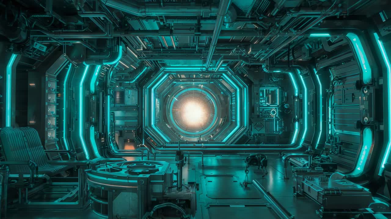 Emissione di luce puntiforme, camera stagna circolare che forma un globo di energia nel vano della nave, figura in tuta che osserva