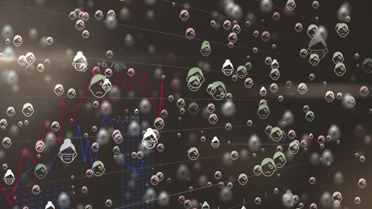 animación de iconos en la máscara de la cara flotando sobre fondo marrón con gráficos