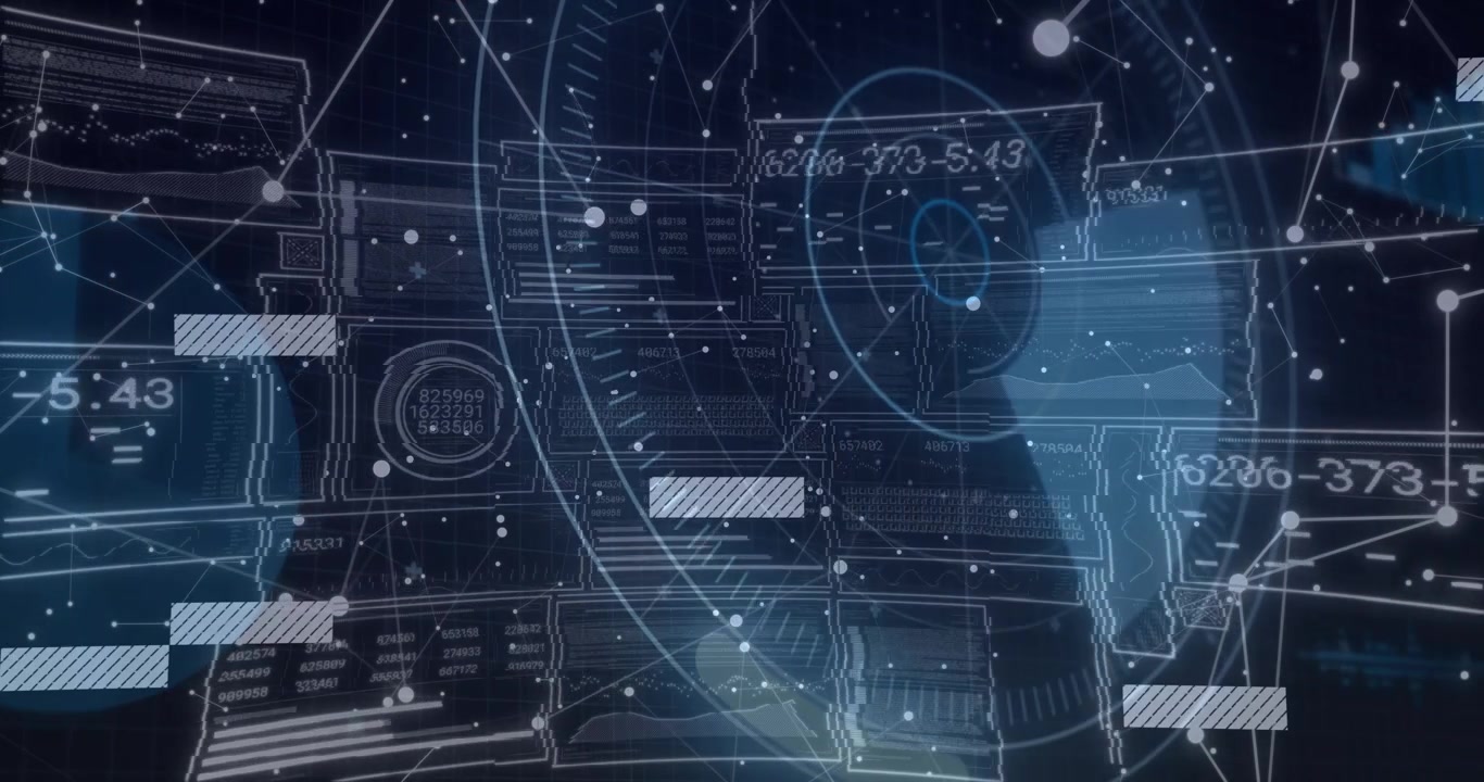 Dark-blue overlay initiating interface animating gauge rotating while bars sliding visualizing data