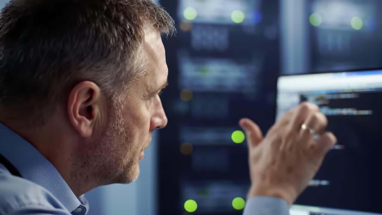 A skilled individual focuses on programming tasks at a computer in a sophisticated data center filled with server racks. The environment emphasizes technology and expertise.