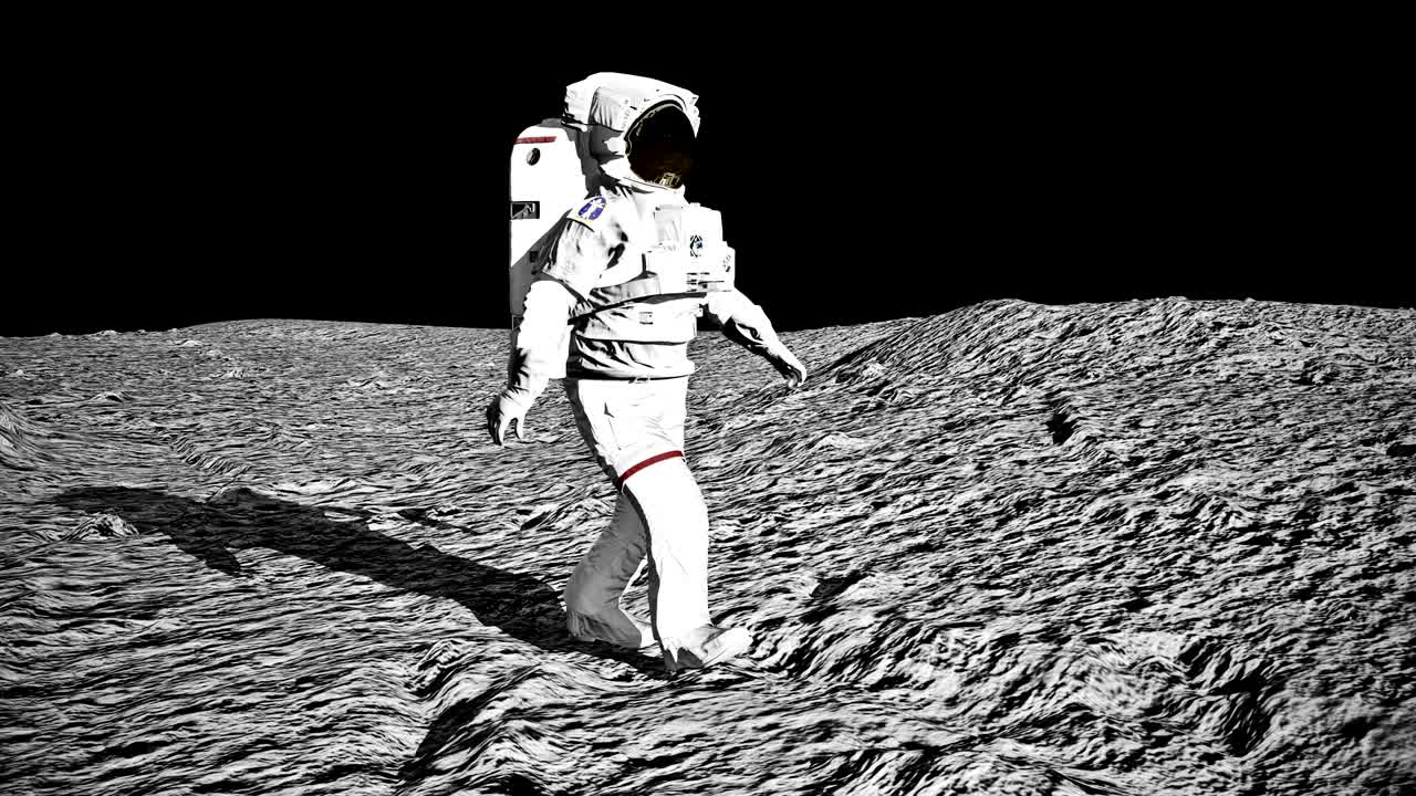 astronauta caminando por la luna y admirando la hermosa tierra. animación cg.