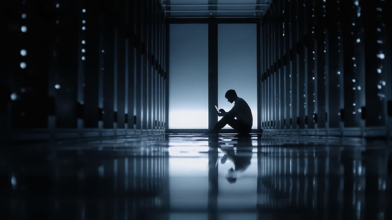 A solitary figure contemplates in a dimly lit corridor surrounded by rows of servers, embodying feelings of introspection and solitude in a digital landscape
