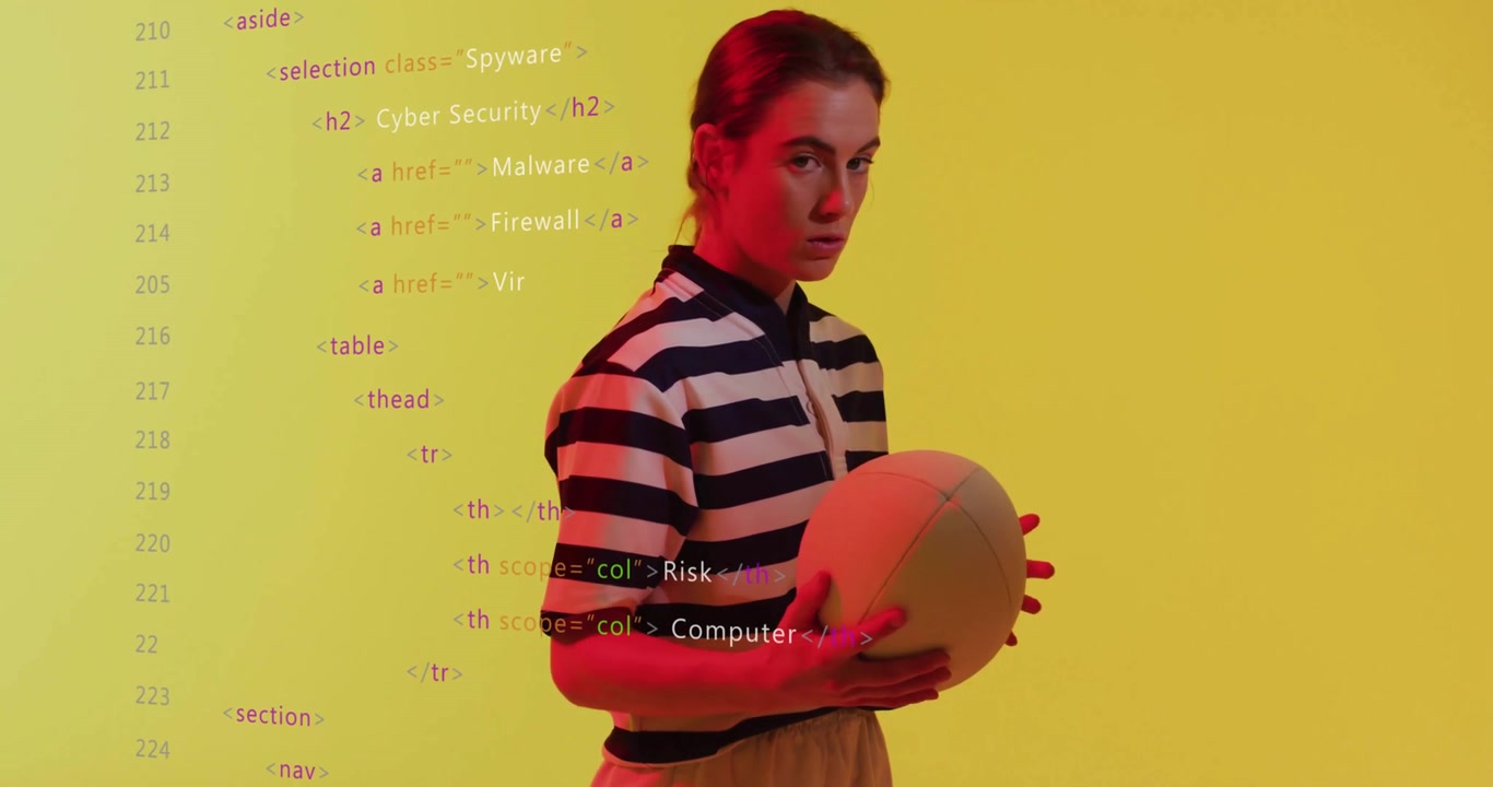 woman holding disc and rotating it while projecting cascading code menu illustrating cybersecurity