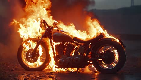 a motorcycle is engulfed by flames on the side of the road