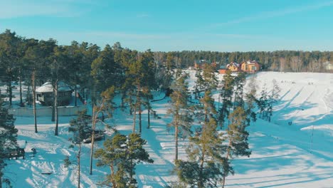 Skigebiet-Mit-Pisten-Auf-Schneebedeckten-Hügeln-In-Der-Oberen-Ansicht-Des-Waldes