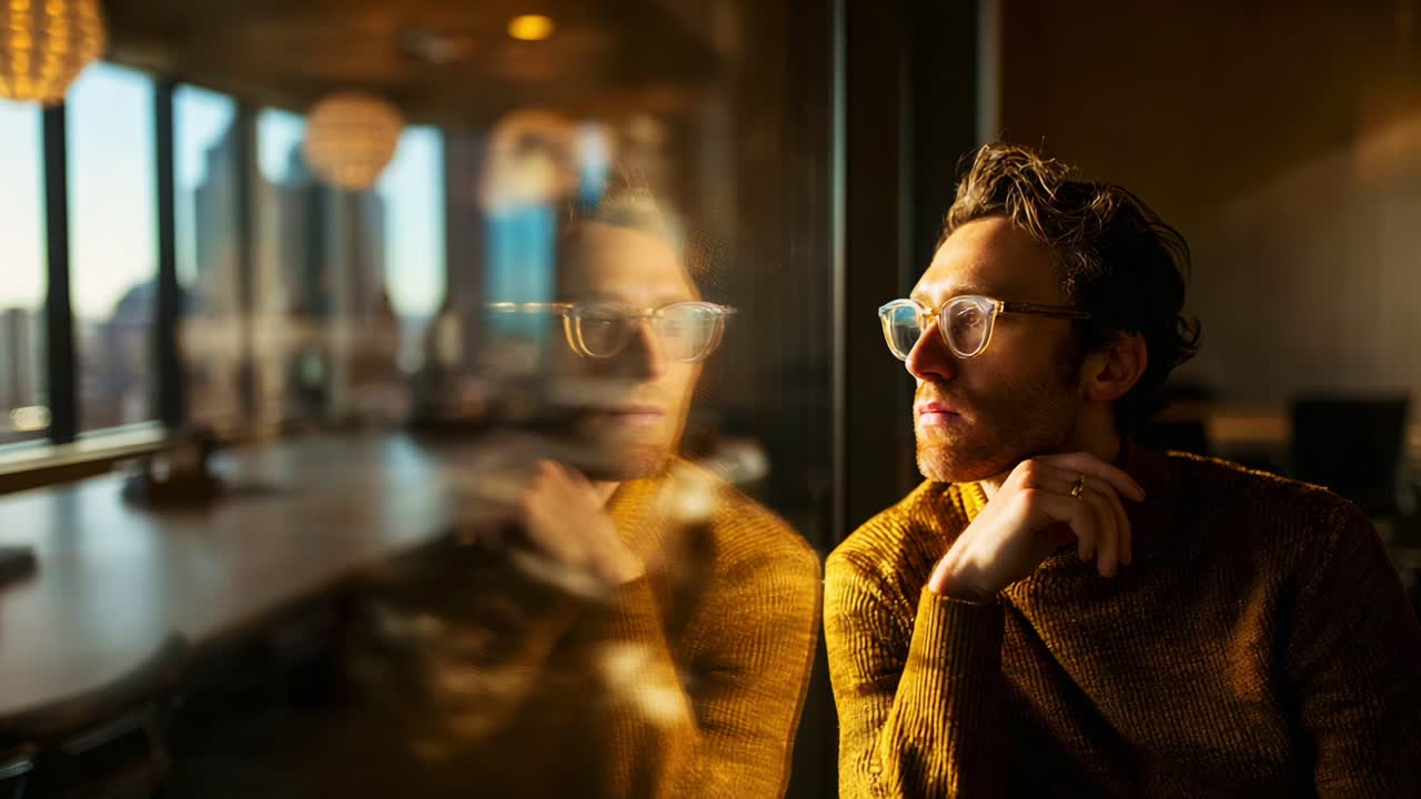 Contemplative Individual Gazing Through Glass Reflecting on Life's Moments, Embraced by Warm Natural Light, in a Modern Urban Setting with Soft Focus Background Elements