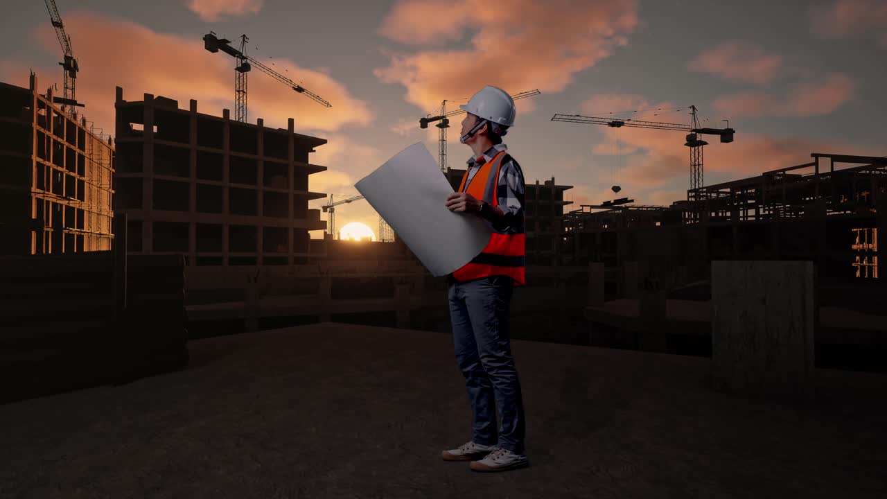 Full Body Side View Of Asian Male Engineer With Safety Helmet Looking At Blueprint In His Hands And Looking Around While Standing At Building & Construction Site in Progress to New House