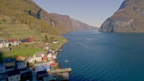 drone dolley shot of the calm nature in the aurlandsfjord in norway