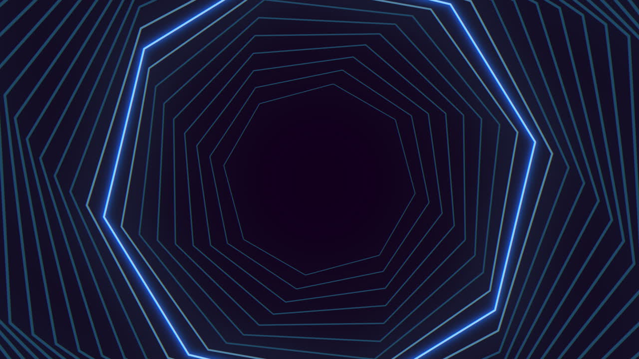 Abstract neon polygon tunnel background with glowing lines, futuristic motion