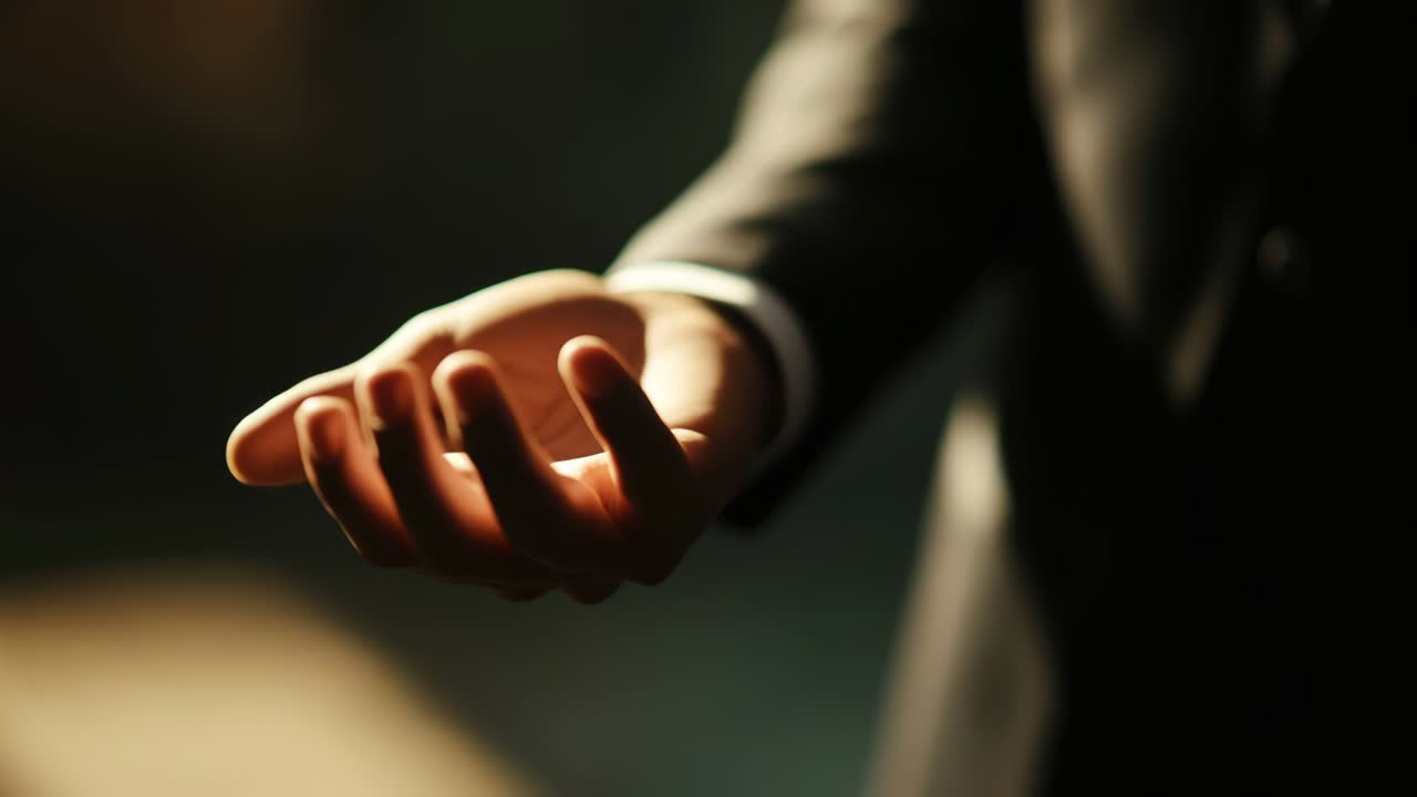 Close-up shot of an outstretched hand in a suit, inviting gesture