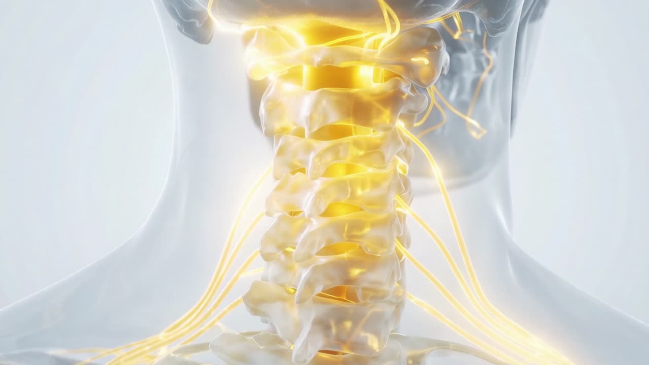 Anatomia del rachide cervicale e del sistema nervoso con nervi luminosi