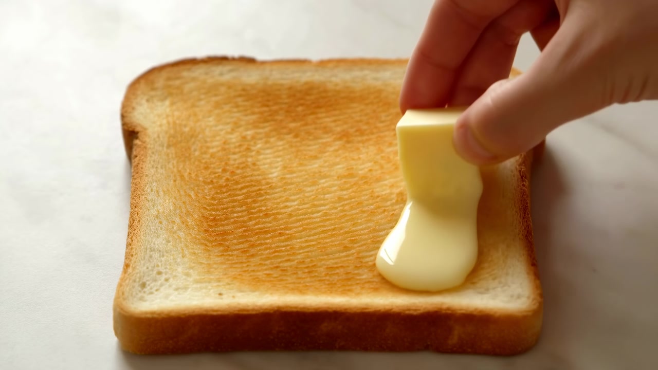 Continuous melted butter flows onto single slice of golden toasted bread, forming glossy streaks, warm highlights, and rich surface texture across crisp crust and soft center in close view