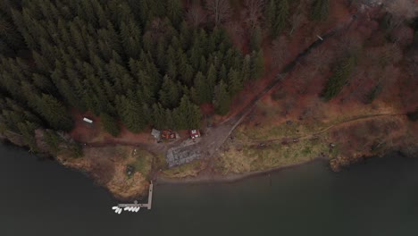 Aerial-view-of-Sfanta-Ana-Lake's-shore-line-in-the-Carpathian-Mountains-in-Romania