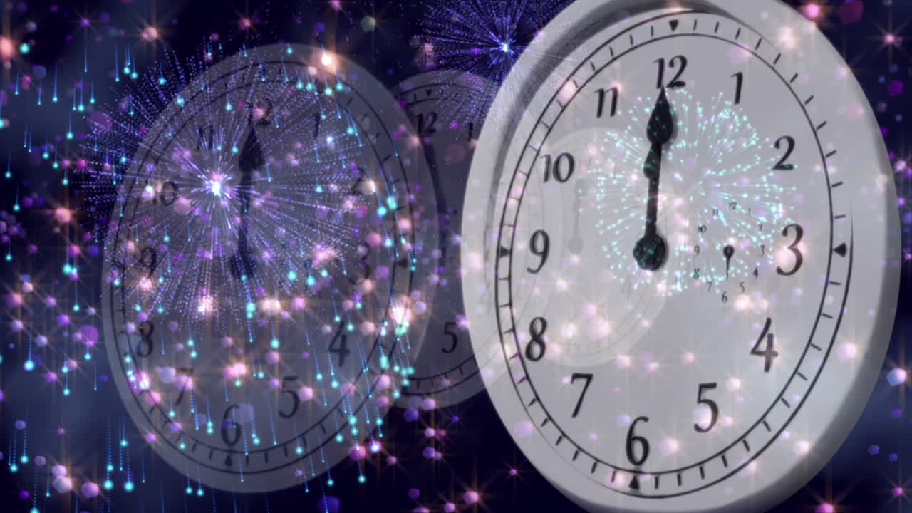 Clock counting down to midnight with fireworks