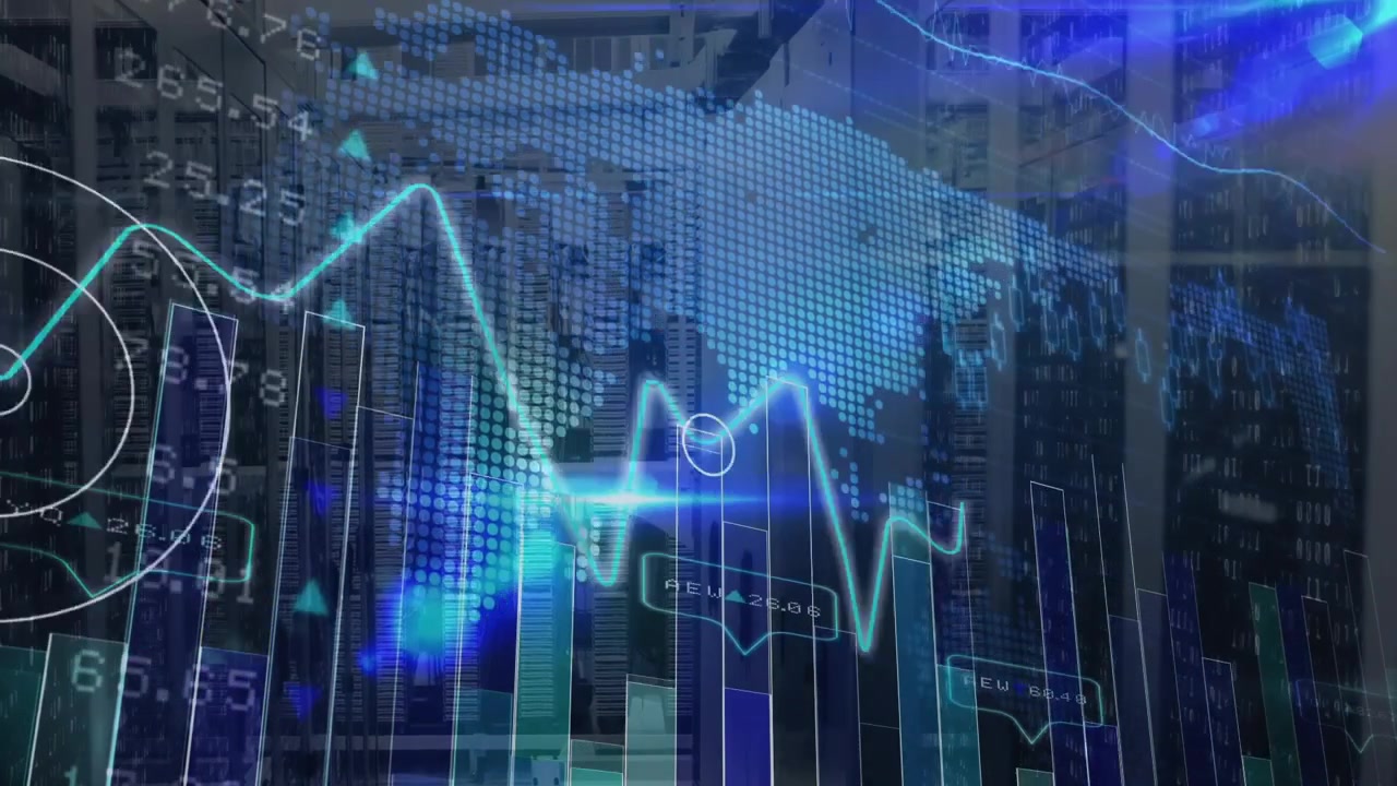 Gráfico de linha azul-claro brilhante fluindo sobre racks de data center, mesclando gráficos de barras, dígitos binários