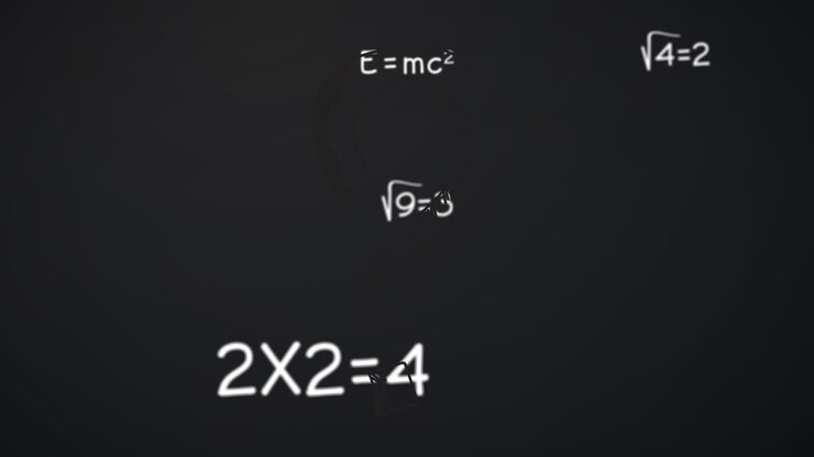 Digital animation of multiple mathematical equations floating against solid grey background