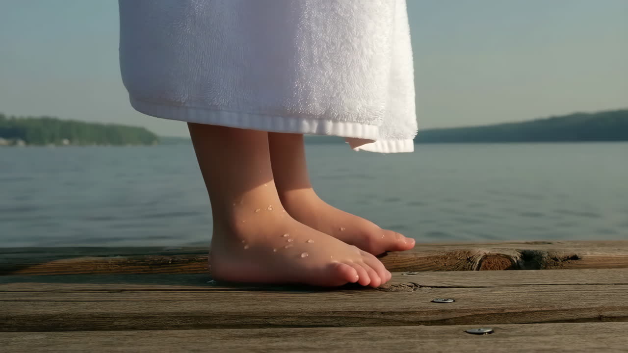 Child's wet feet on a wooden dock after swimming