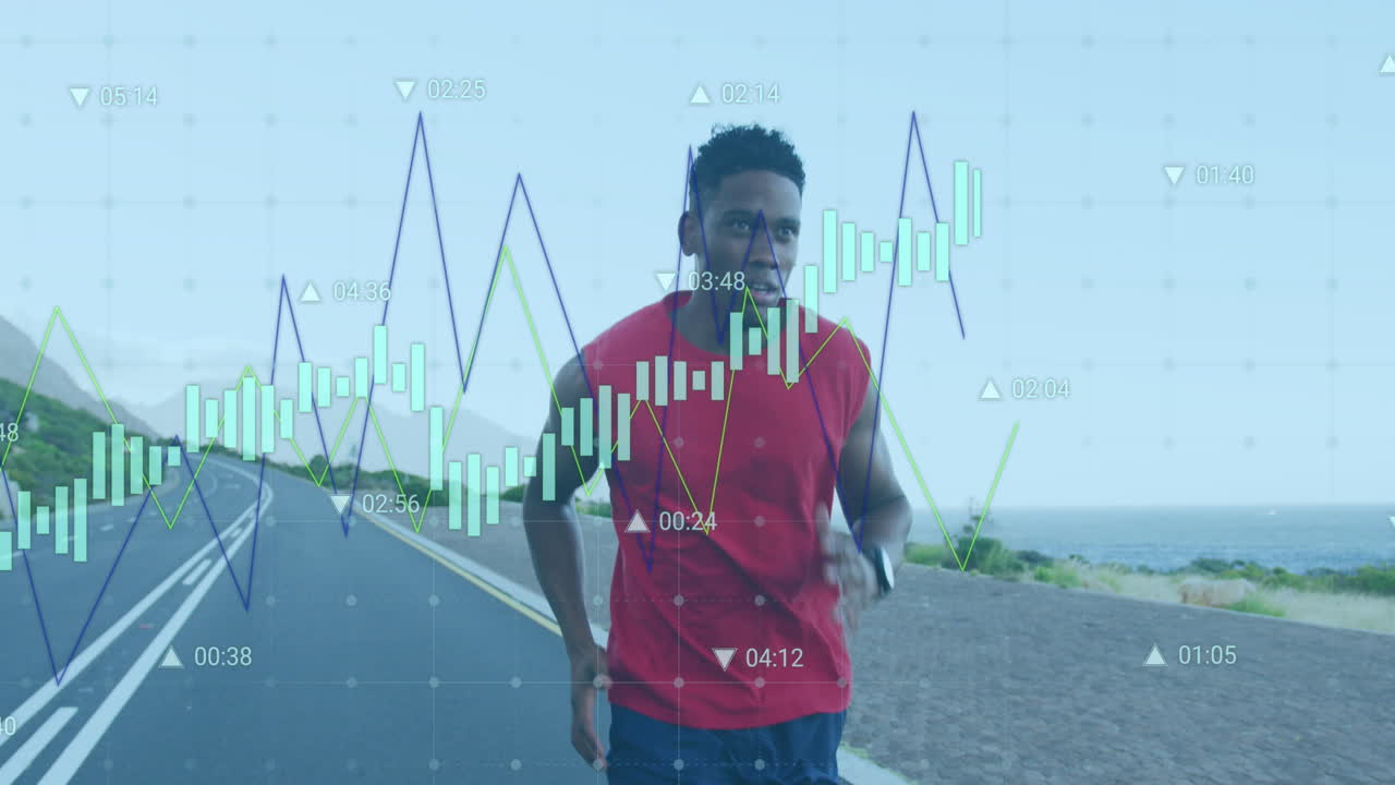 animación de múltiples gráficos y números cambiantes sobre atleta afroamericano corriendo por la carretera