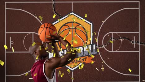 animation of words basketball tournament and male basketball player with gold confetti over court