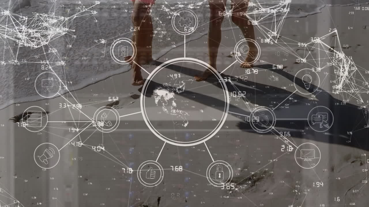 아이콘과 숫자가 있는 지구형, 점들을 연결하는 숫자, 해변에서 는 백인 부부와 함께 애니메이션