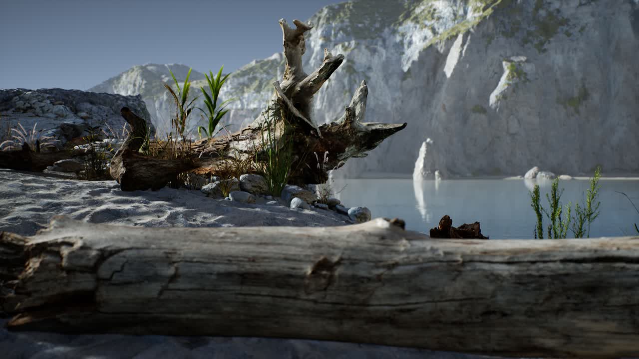 바다 의 바위 절벽 근처 에 있는  ⁇  모래 해변