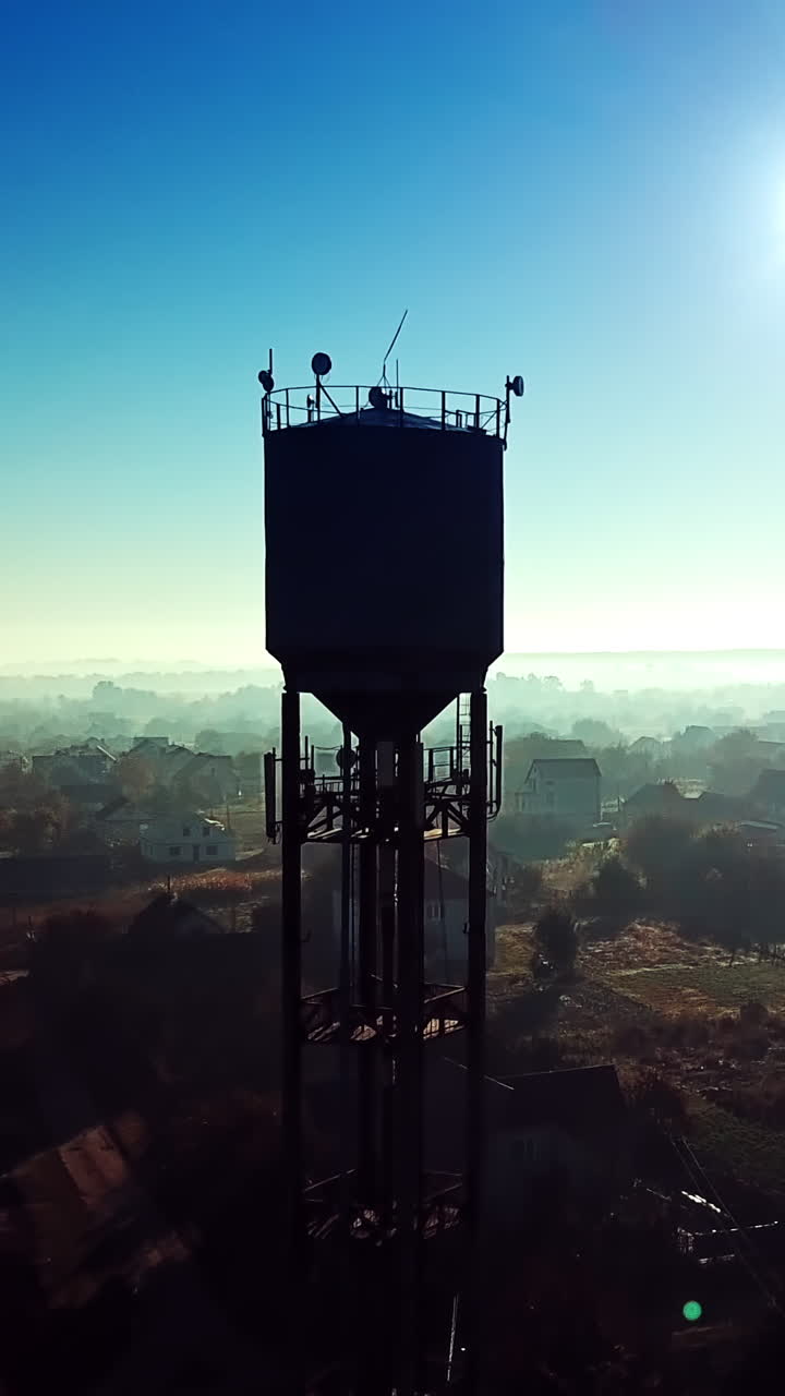 Flying over the village near the power station tower on a blue background sunrise. Countryside panorama in the morning dawn. Aerial view. Vertical video