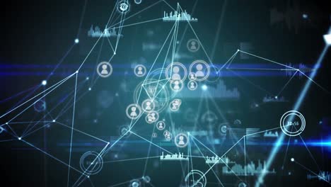 animation of network of connections with icons in digital black and blue space