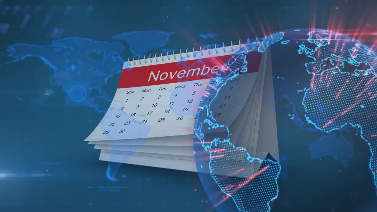Animazione del globo su calendario e mappa del mondo.