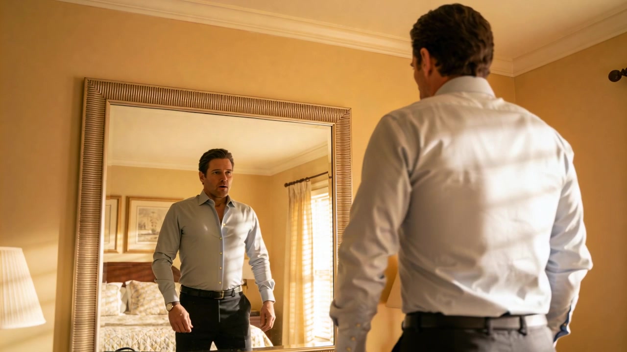 Abbottonando il bottone superiore, un uomo adulto sistema la camicia elegante in camera da letto, ispezionando il riflesso nello specchio.