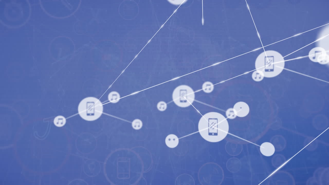 animación de la red de conexiones con iconos digitales sobre fondo azul