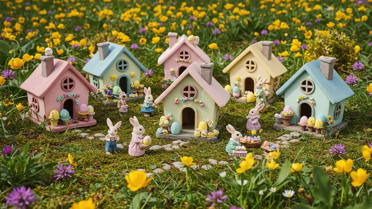 鮮やかな春の花々に囲まれた、魅力的なウサギの村。楽しい庭にカラフルなイースターの家が並んでいます。