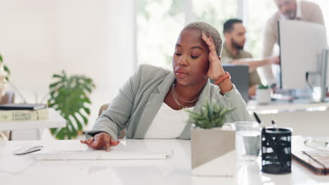 office, work and black woman tired