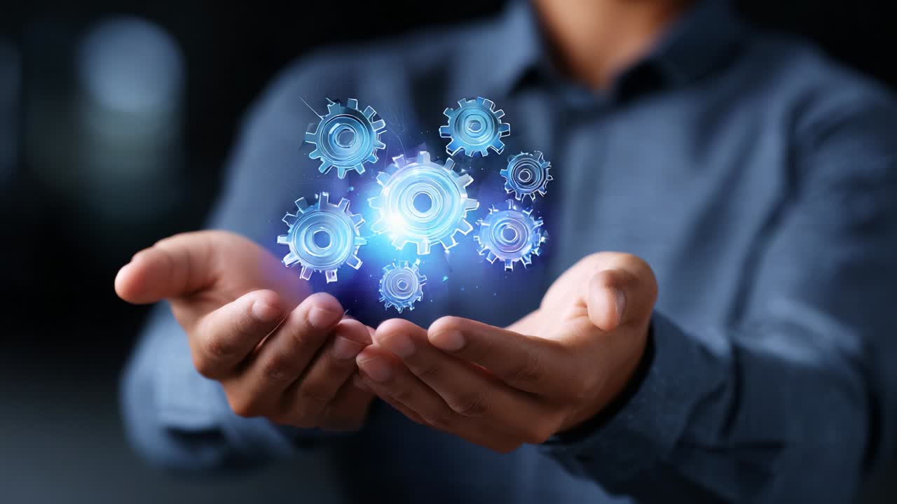 A person holds glowing blue gears floating in their hands, symbolizing innovation, technology, and the interconnectedness of modern machinery. This captivating image represents creativity in engineering