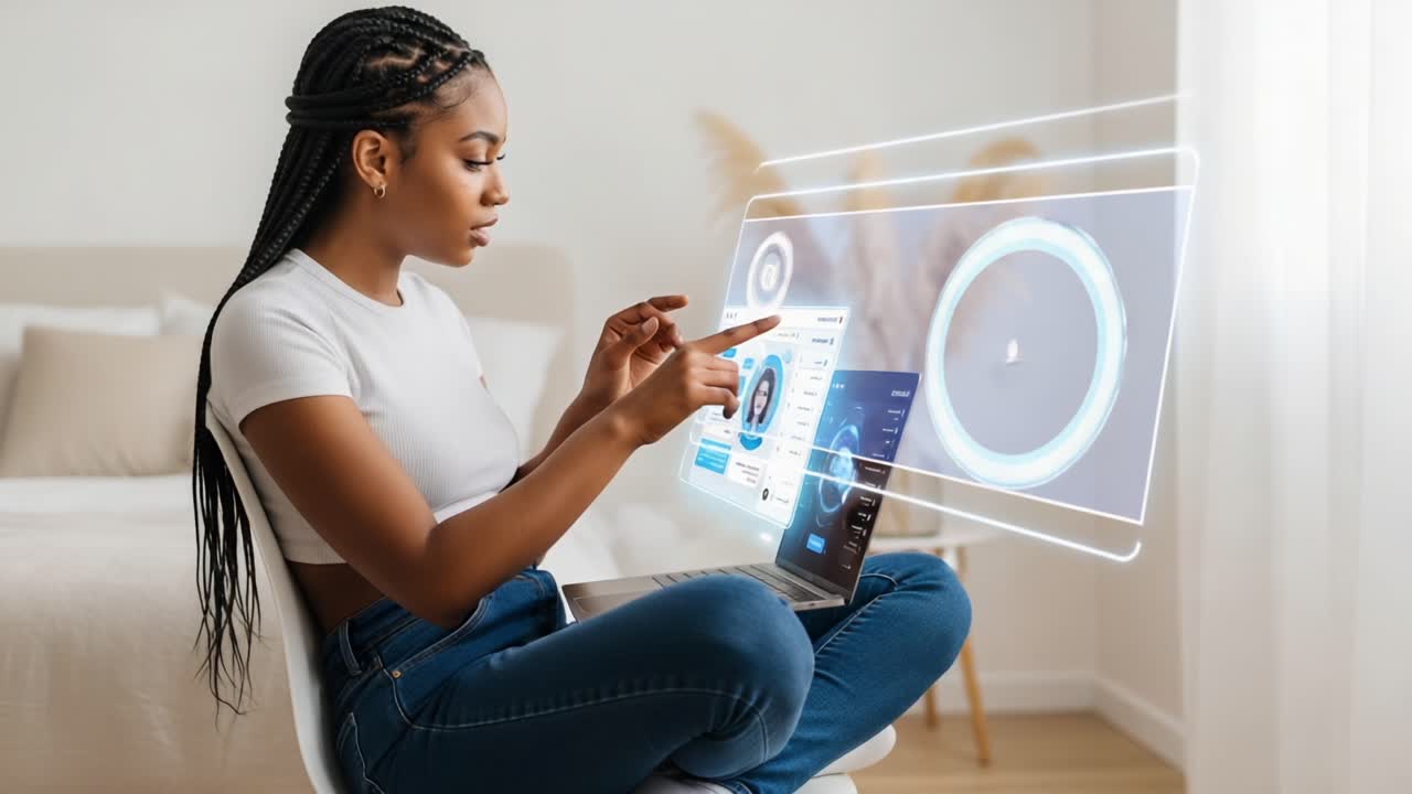 A Focused Young Woman Engaging with Advanced Technology on Her Laptop, Embracing Digital Communication and Interactive Interfaces in a Modern Home Setting