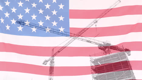 Animación-Del-Sitio-De-Construcción-Y-Grúas-Con-Bandera-Americana