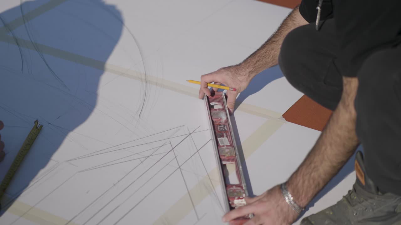 A construction site male worker using levels for scaling on paper
