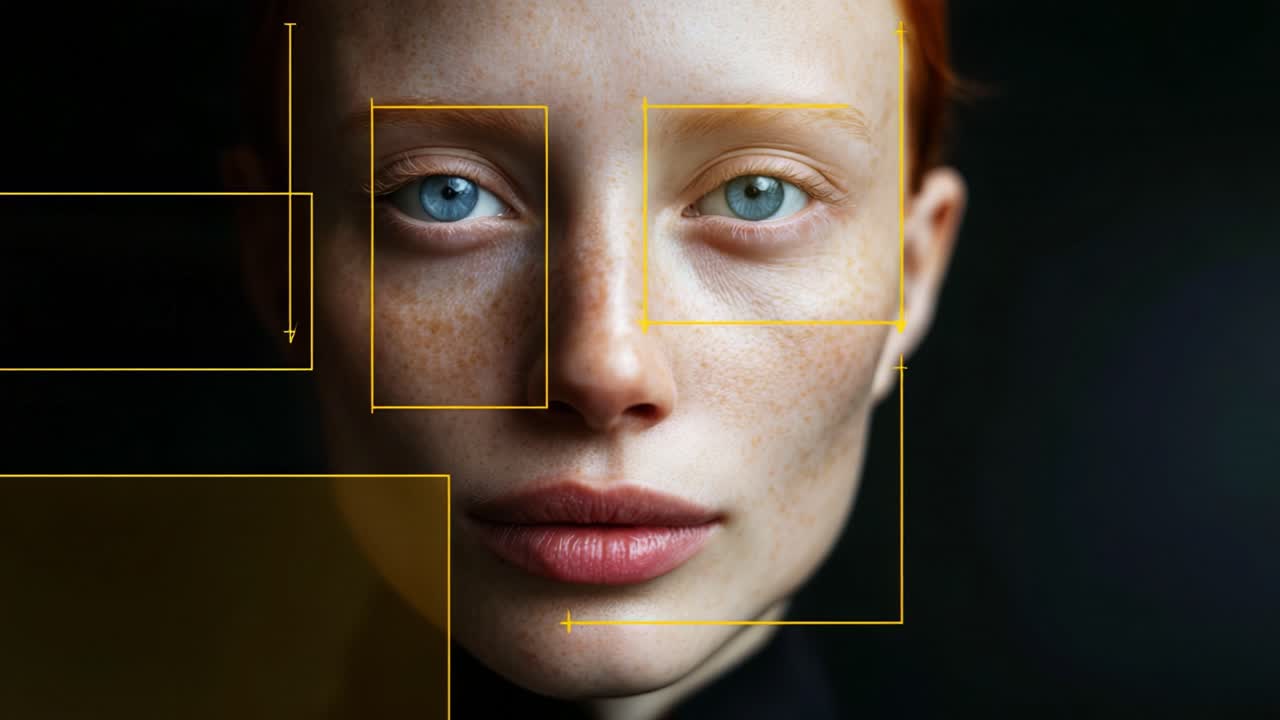 Close-Up Portrait of a Freckled Individual with Striking Blue Eyes and Geometric Overlays Emphasizing Facial Features in a Softly Lit Environment