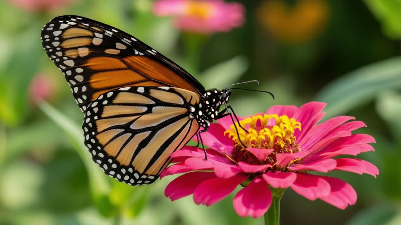Una farfalla monarca accattivante si posa delicatamente su un fiore rosa vivace, mettendo in mostra la bellezza e le complessità della natura in un rigoglioso ambiente da giardino.