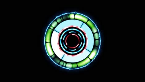 spinning light circles with electricity ring in electric blue, red and green for a sci-fi effect background