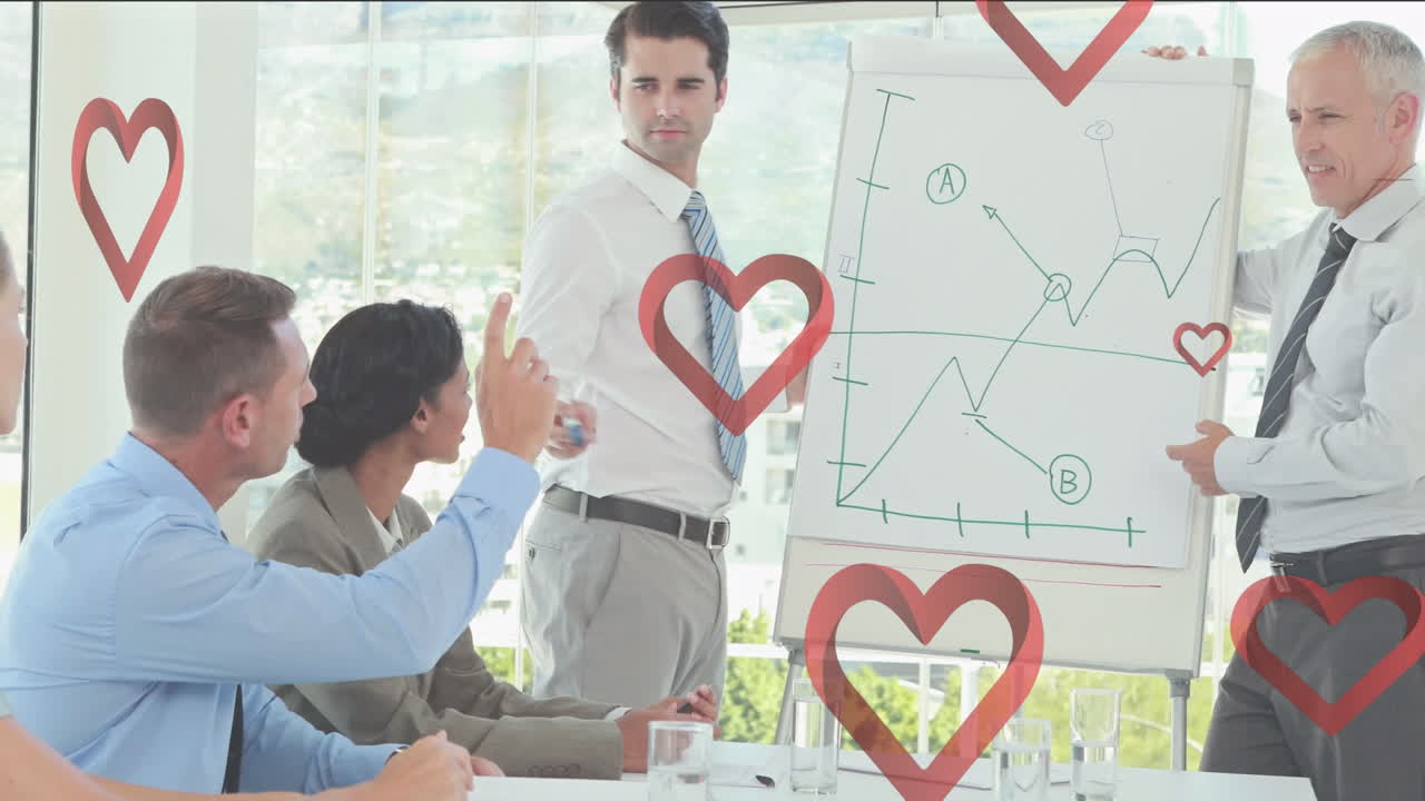 анимация падающих сердец над разнообразной группой бизнесменов
