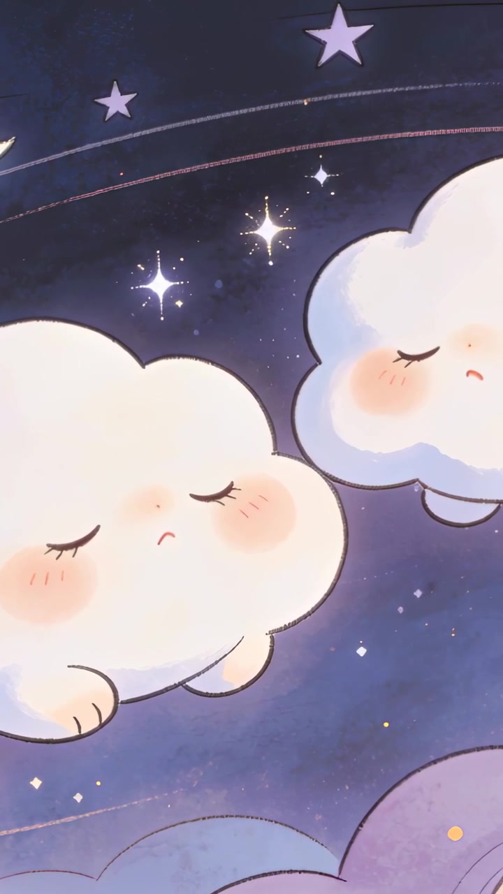 Vertical video: Looping, two clouds asleep drifting right across sky, stars twinkling