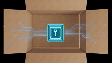 animación del procesamiento de datos y icono de llave con placa de circuito sobre caja de cartón