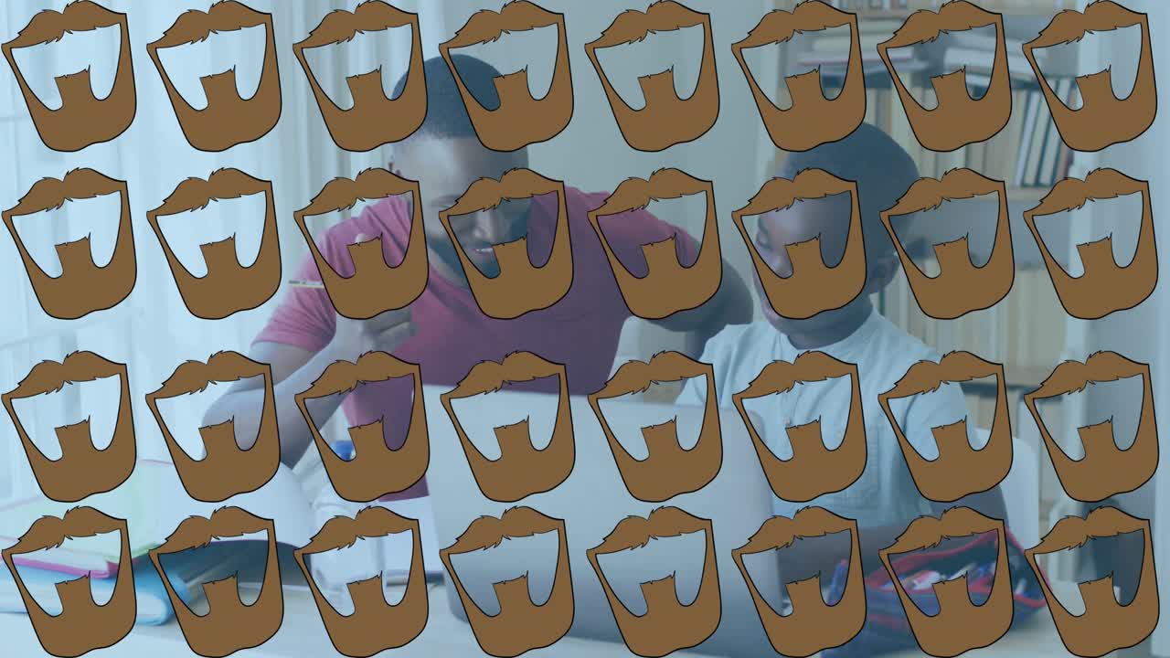 animación de múltiples iconos de barba sobre padre afroamericano ayudando a su hijo en la tarea en casa.