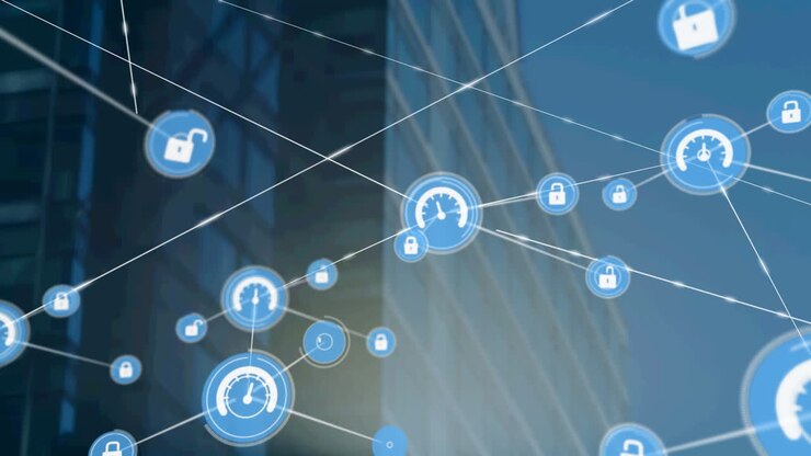 Network of digital icons against tall buildings in background