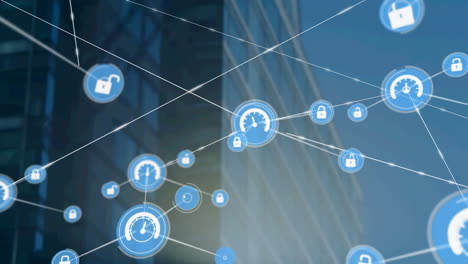 network of digital icons against tall buildings in background