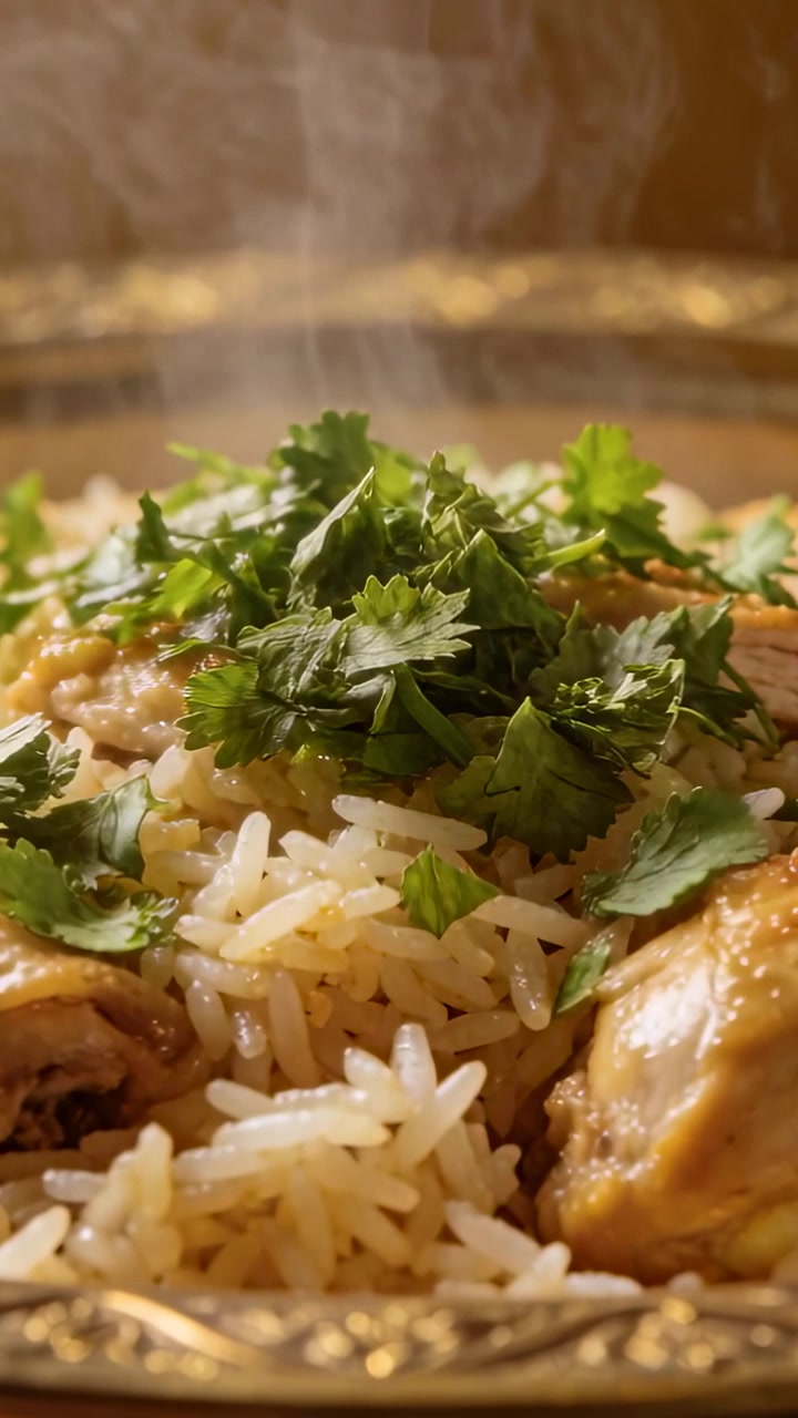 Video vertical: Arroz y pollo humeantes servidos en un plato dorado en la mesa, con vapor subiendo y cilantro.