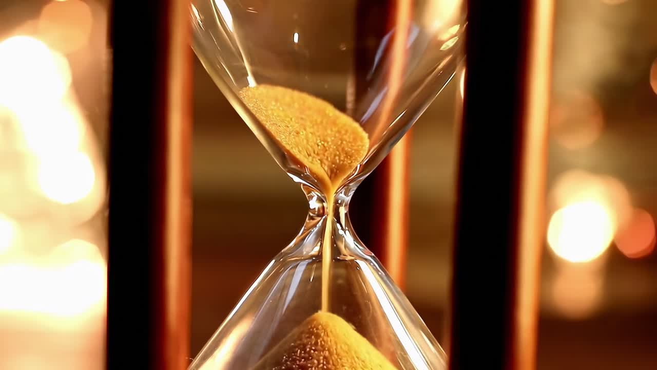 Close-up video of an hourglass with golden sand, captured at eye level, evoking time's passage